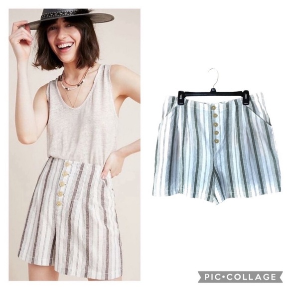 Anthropologie Size 12 Beachgoer Striped Linen Blend Button Front High Rise Short - Picture 1 of 12